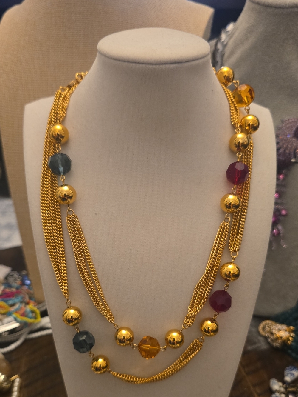 Napier Gold-Tone Layered Necklace with Amber, Teal, and Burgundy Beads